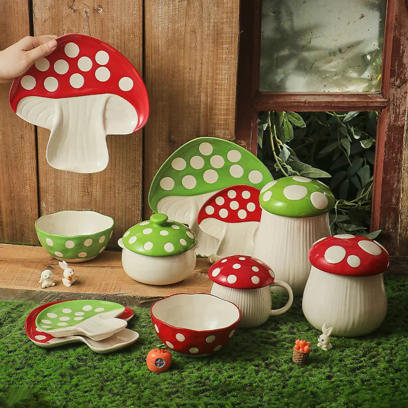 Ceramic Mushroom Coffee Mug Cartoon Water Kettle with Lid Cute Breakfast Milk Cup Tableware Home Teapot Plate Bowl Birthday Gift